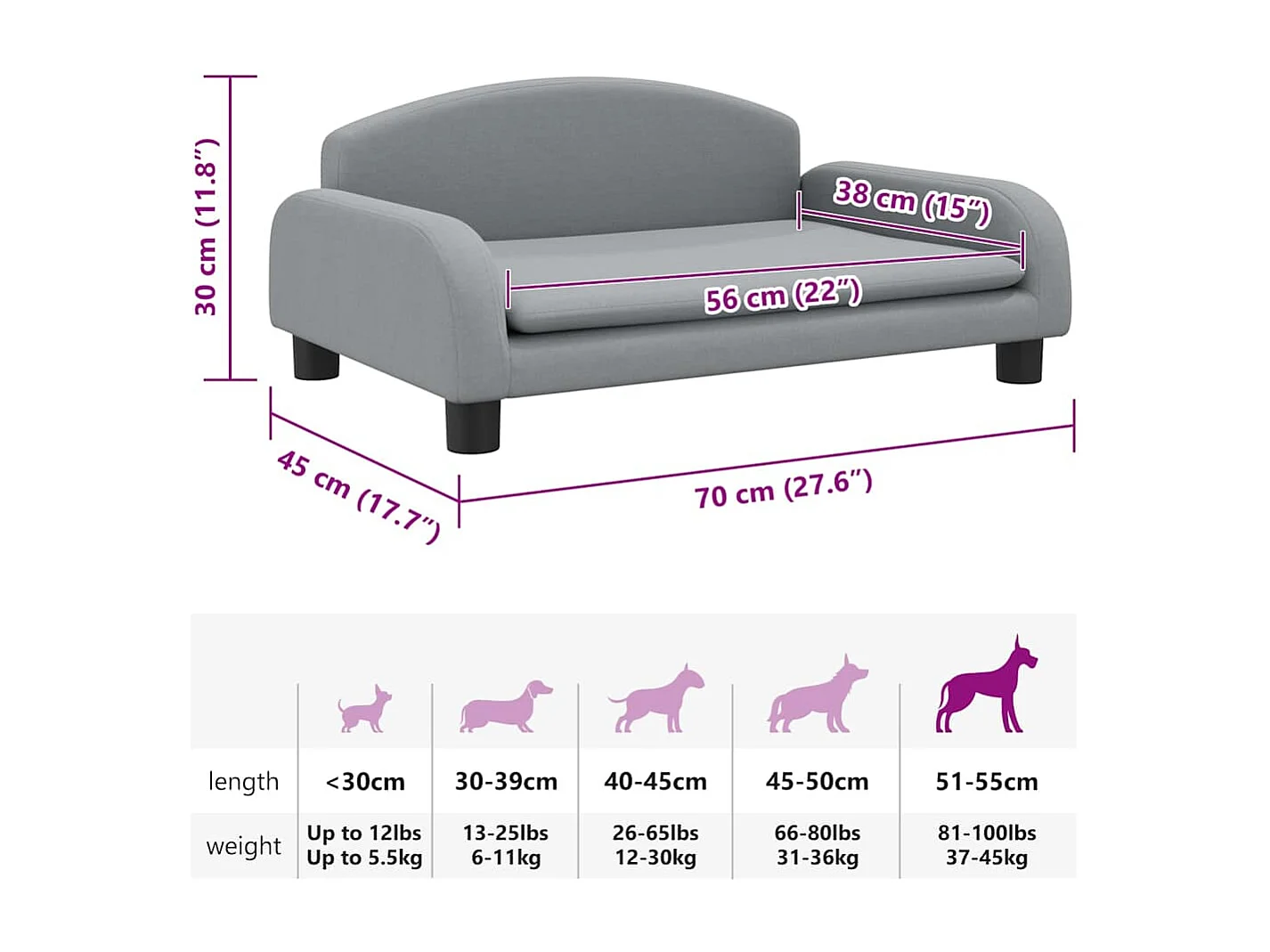 Lit pour chien gris clair 70x45x30 cm tissu