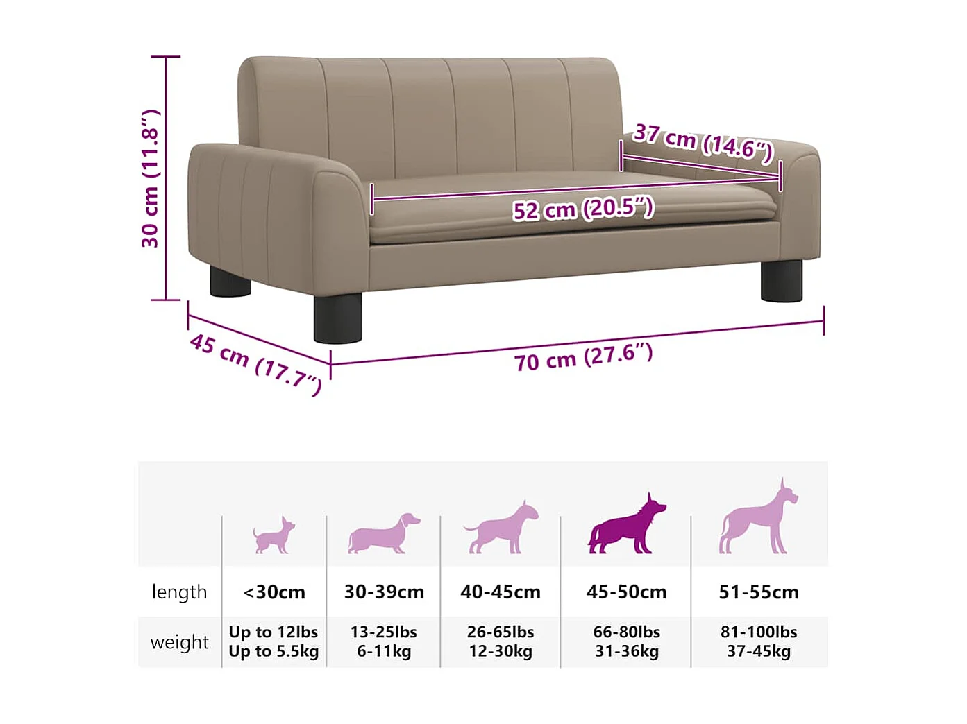 Cama para perro Cappuccino 70x45x30 cm piel sintética