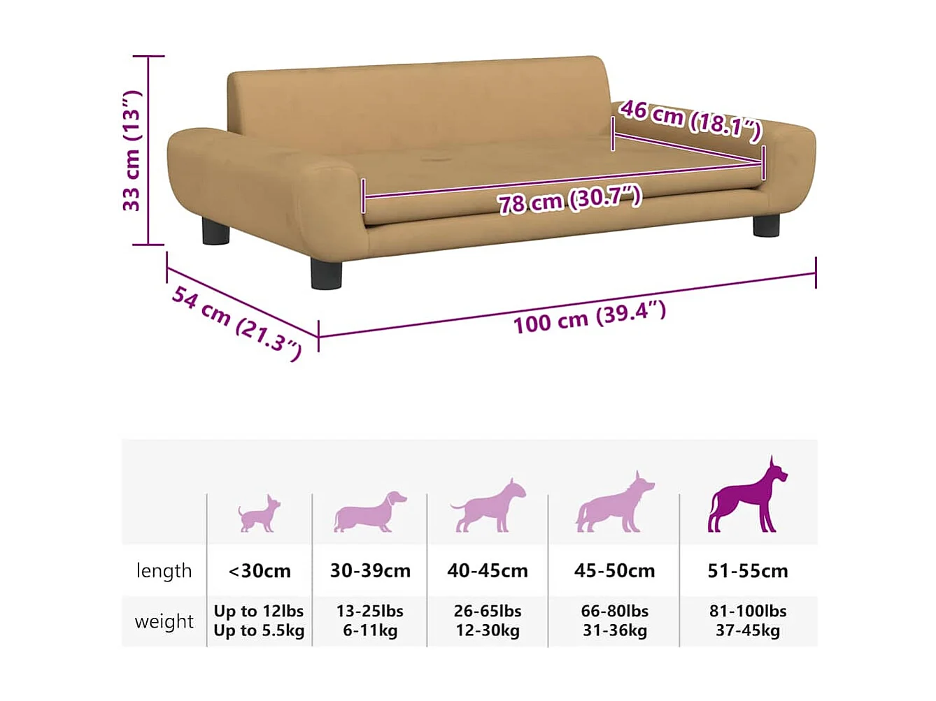 Lit pour chien marron 100x54x33 cm velours
