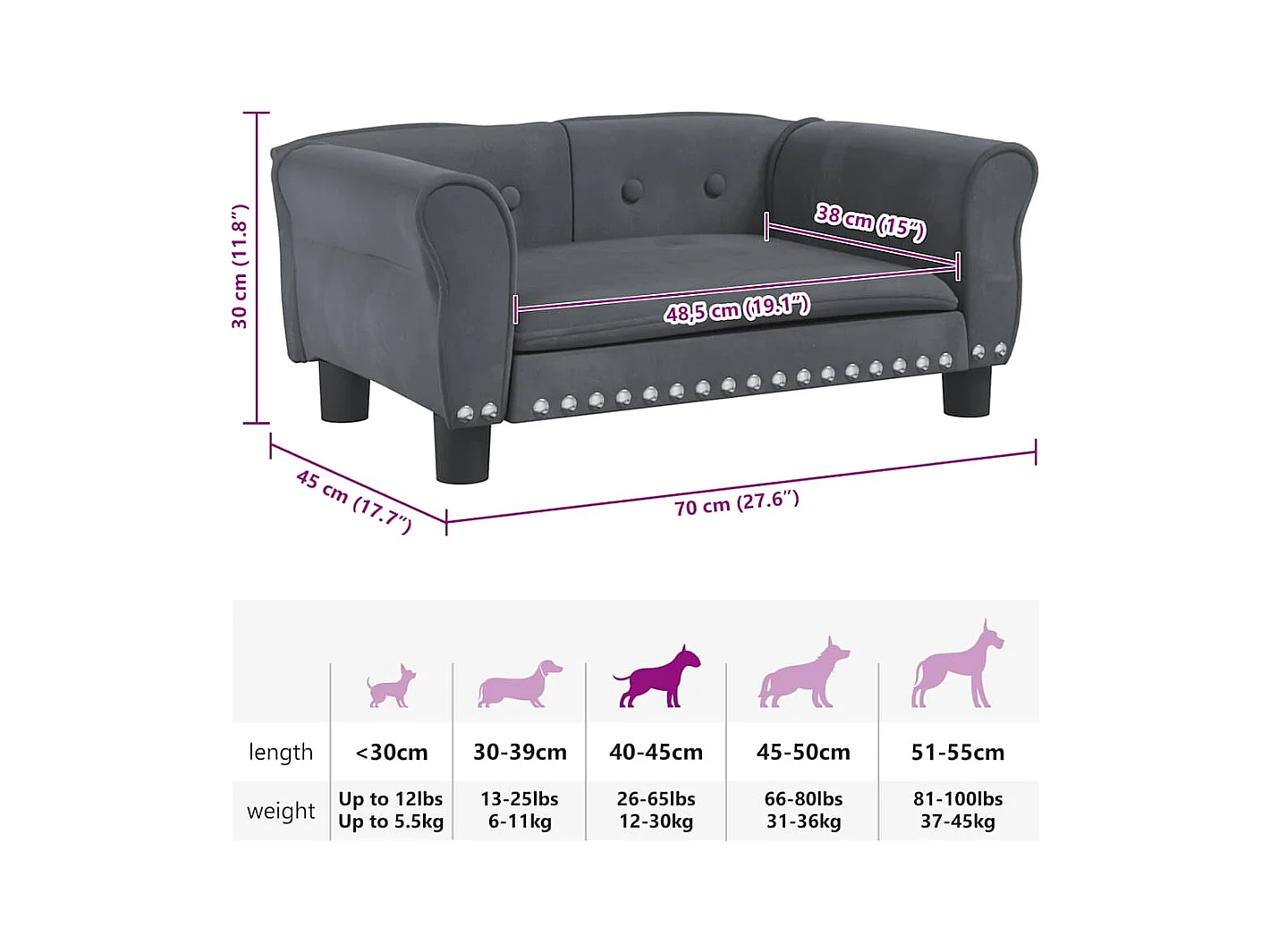 Cama para perro gris oscuro 70x45x30 cm terciopelo
