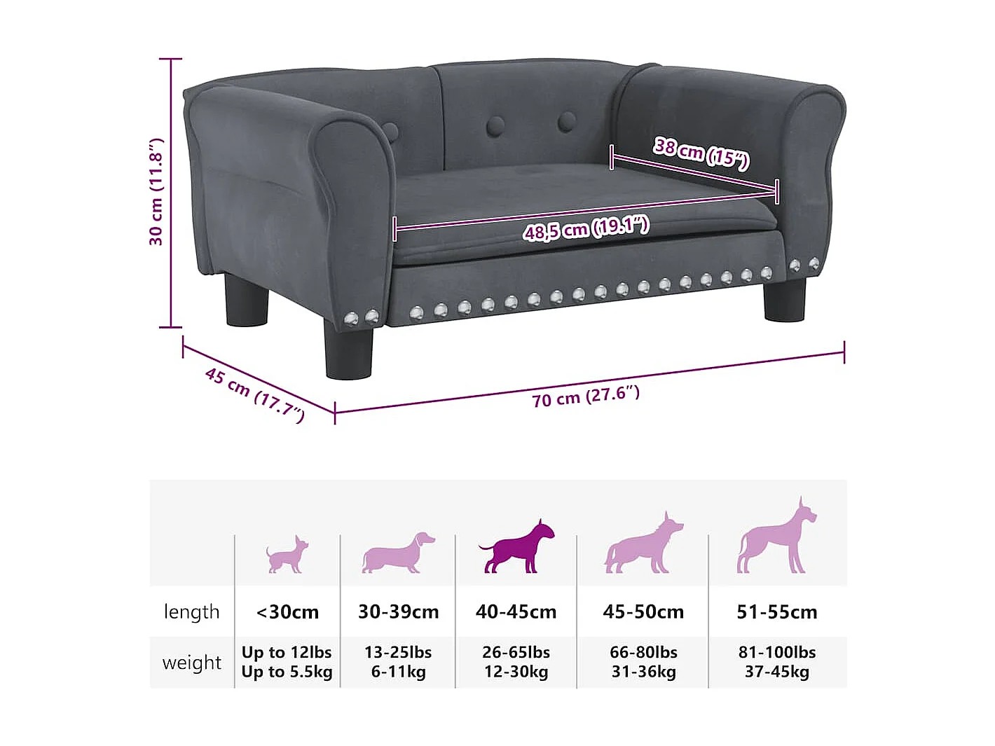 Lit pour chien gris foncé 70x45x30 cm velours