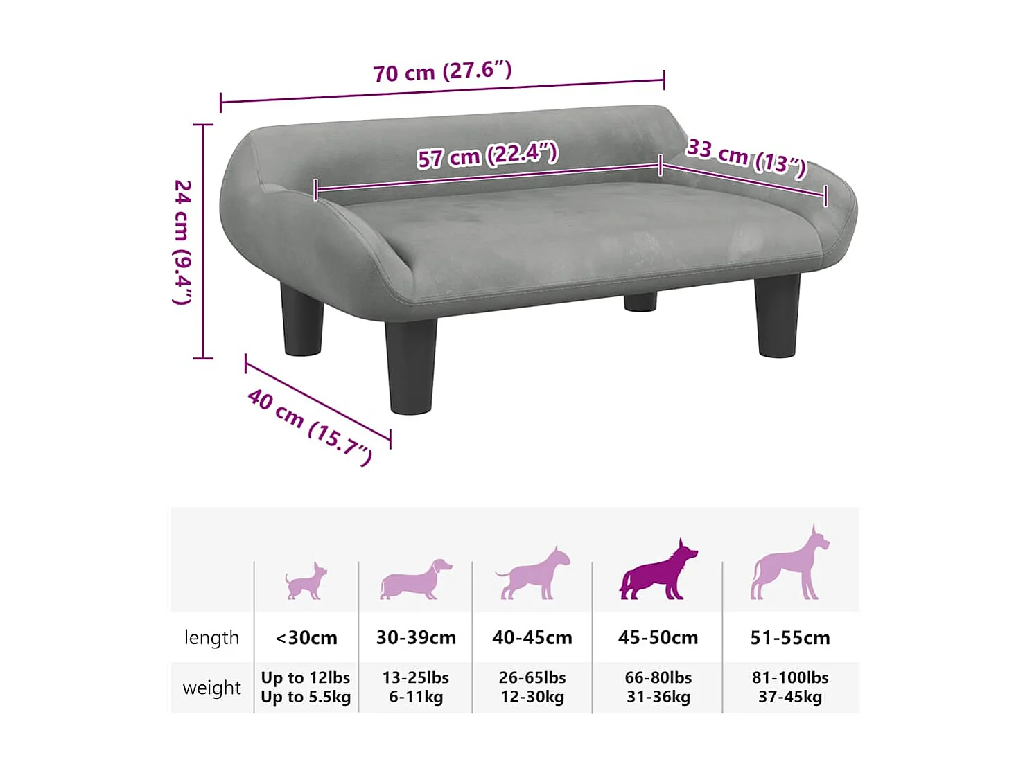 Lit pour chien gris clair 70x40x24 cm velours