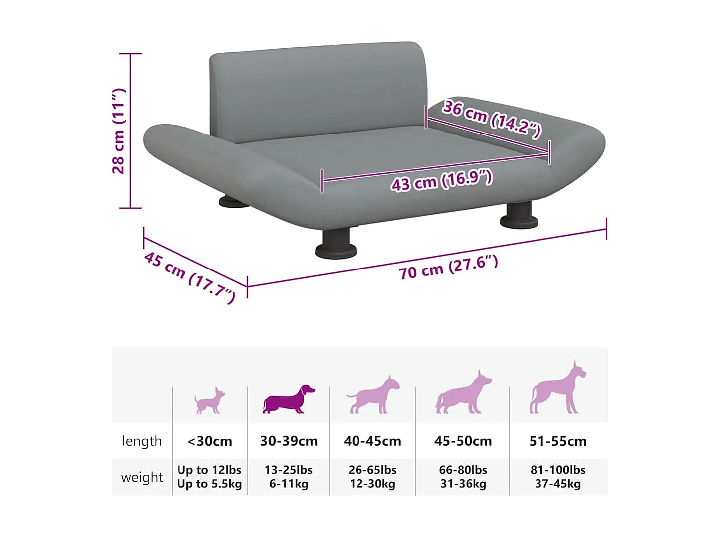 Cuccia per cani grigio chiaro in tessuto 70x45x28 cm