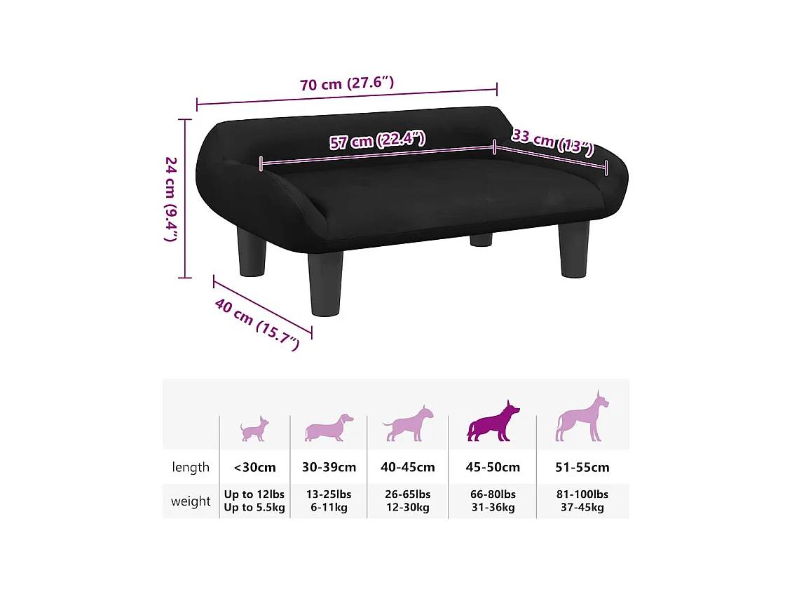 Lit pour chien noir 70x40x24 cm velours