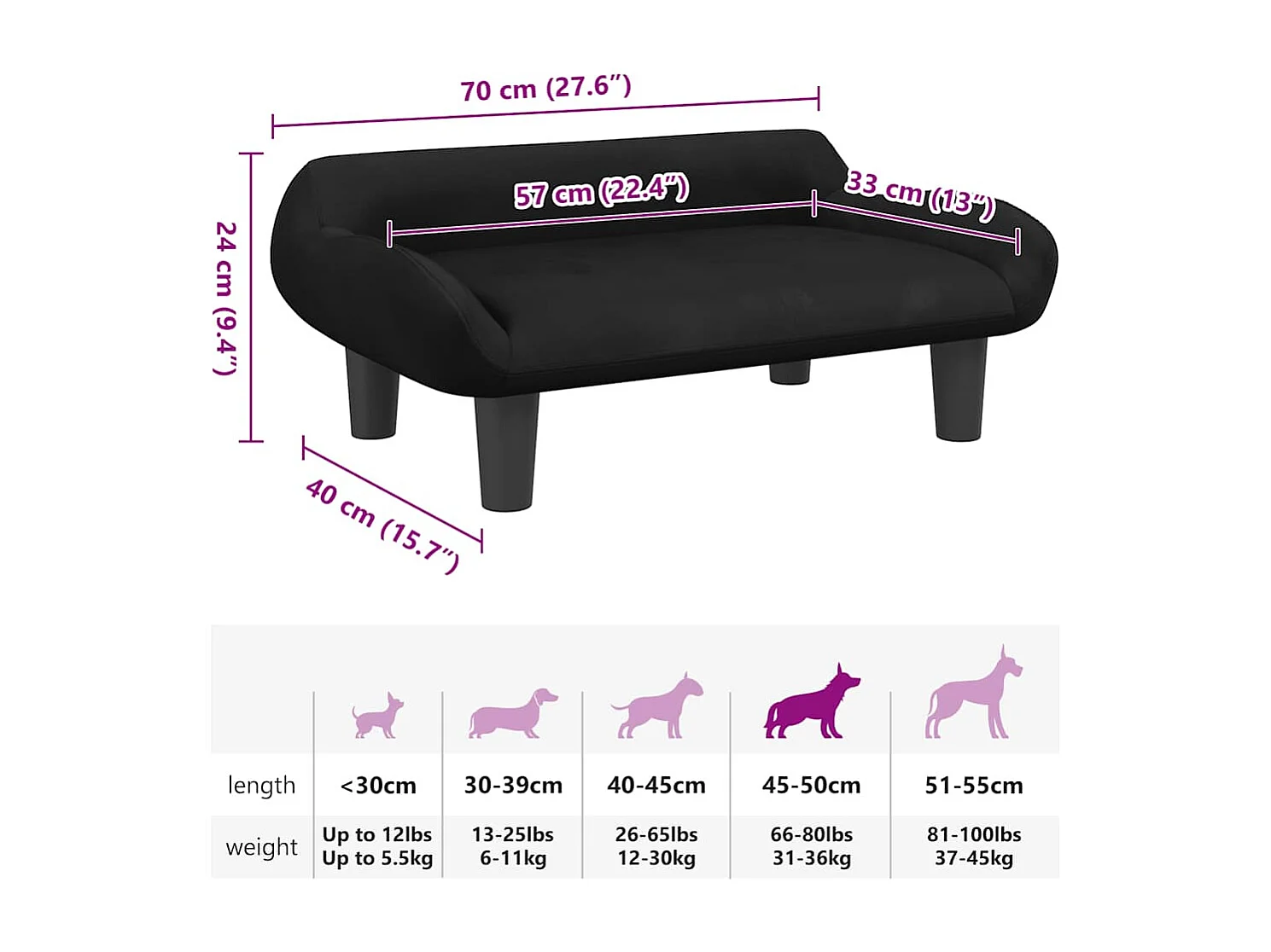 Cuccia per cani nera 70x40x24 cm in velluto