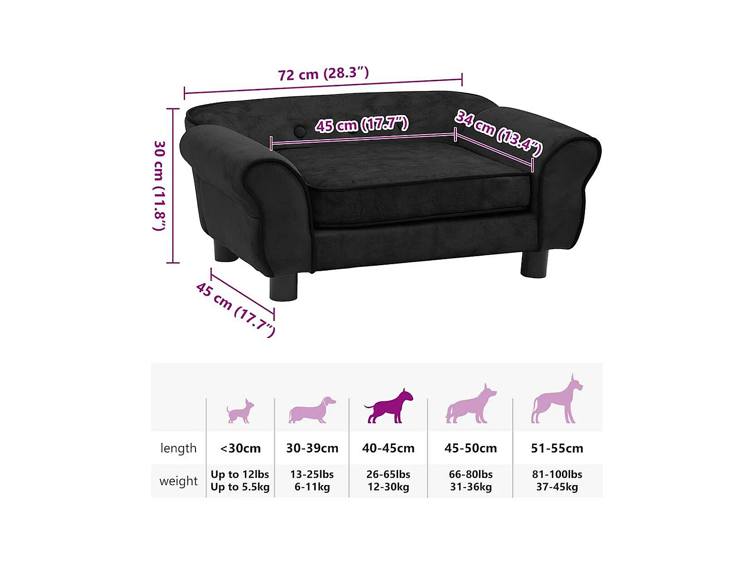 Sofá para perro negro 72x45x30 cm de peluche