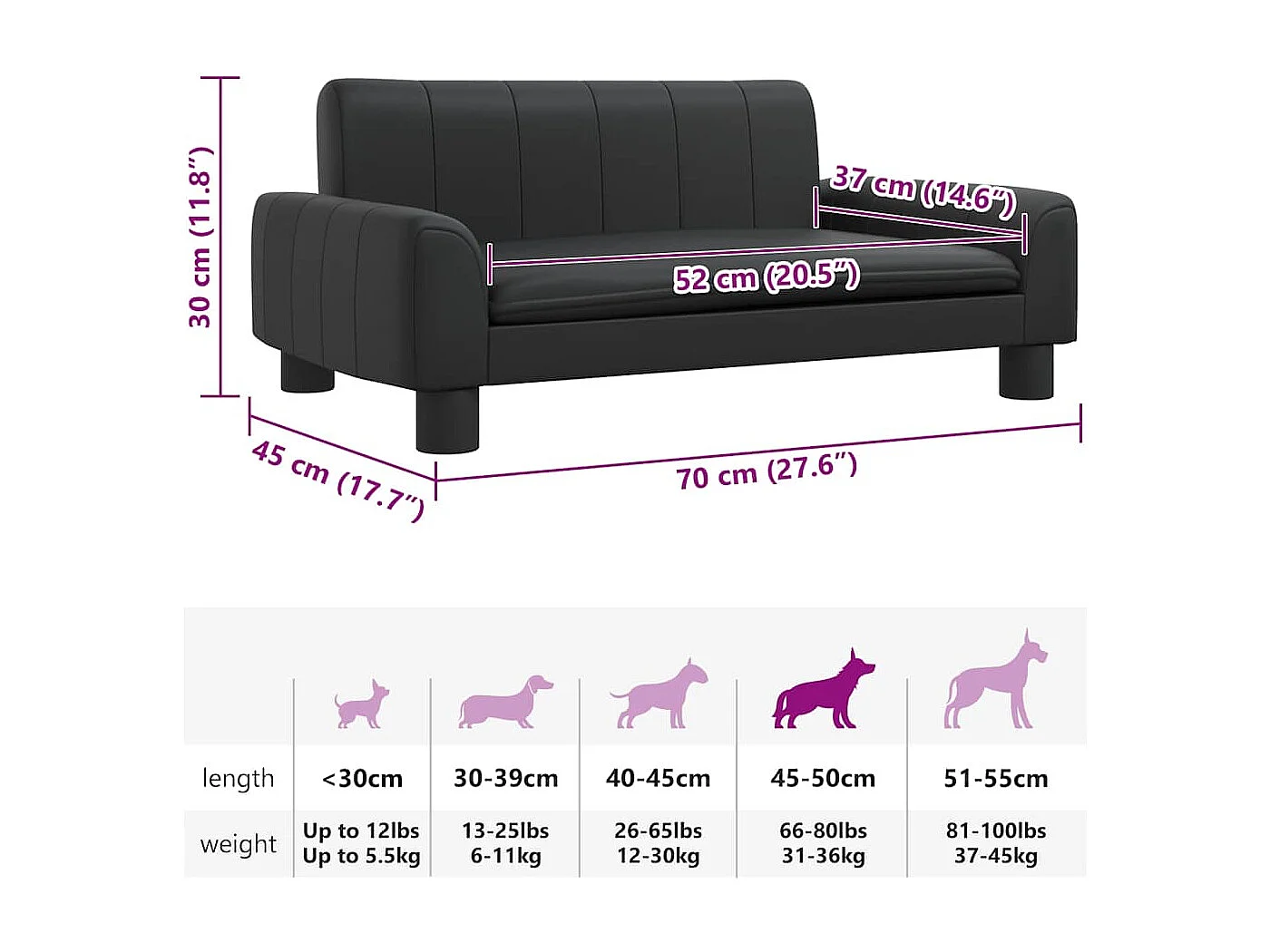 Lit pour chien noir 70x45x30 cm similicuir