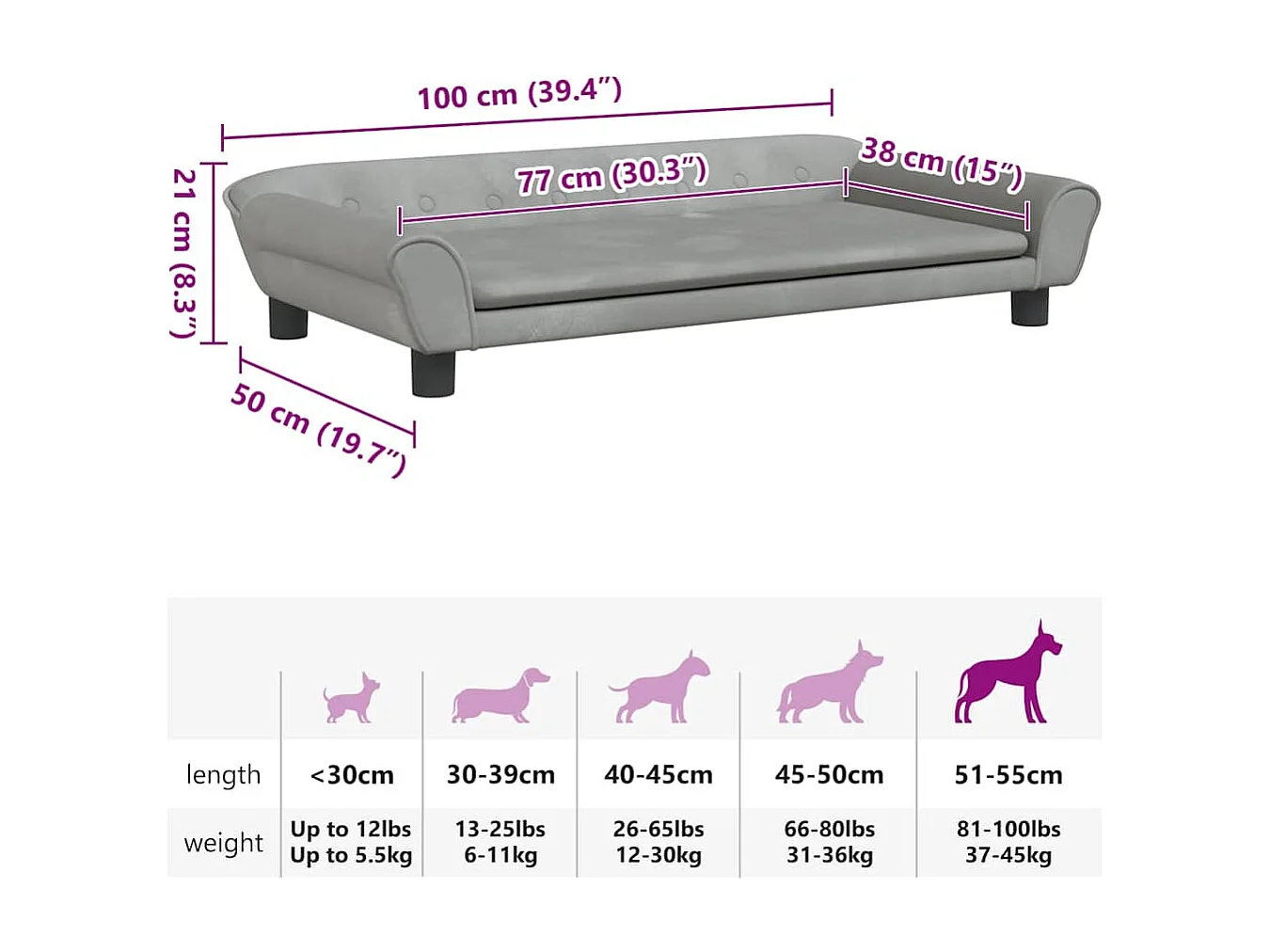 Cuccia per cani grigio chiaro 100x50x21 cm in velluto