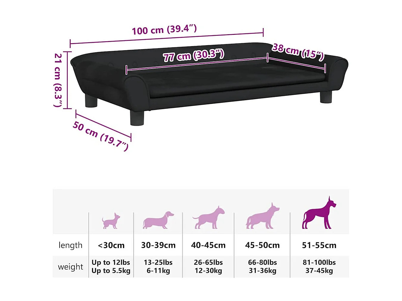 Lit pour chien noir 100x50x21 cm velours