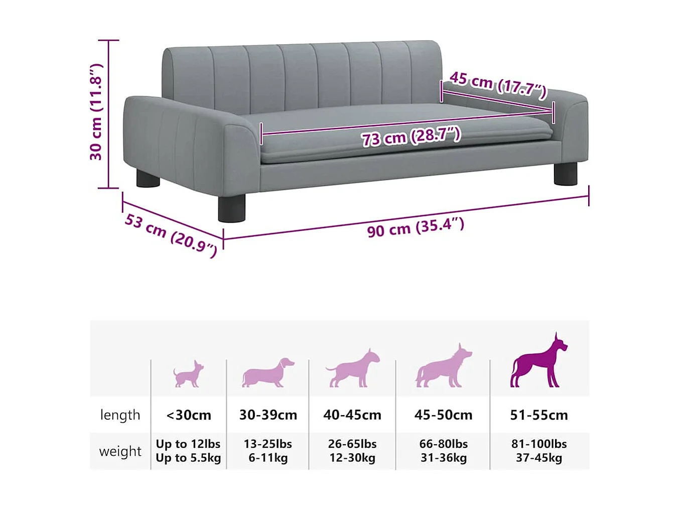 Lit pour chien gris clair 90x53x30 cm tissu