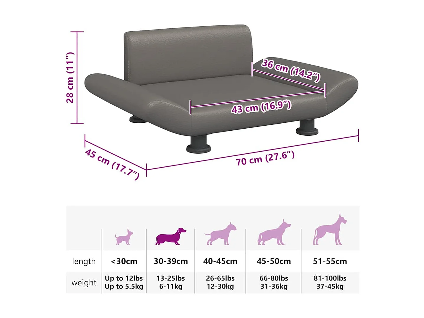 Lit pour chien gris 70x45x28 cm similicuir