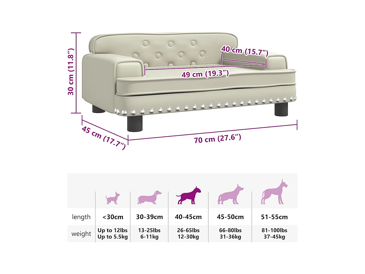 Cama para perro color crema 70x45x30 cm piel sintética