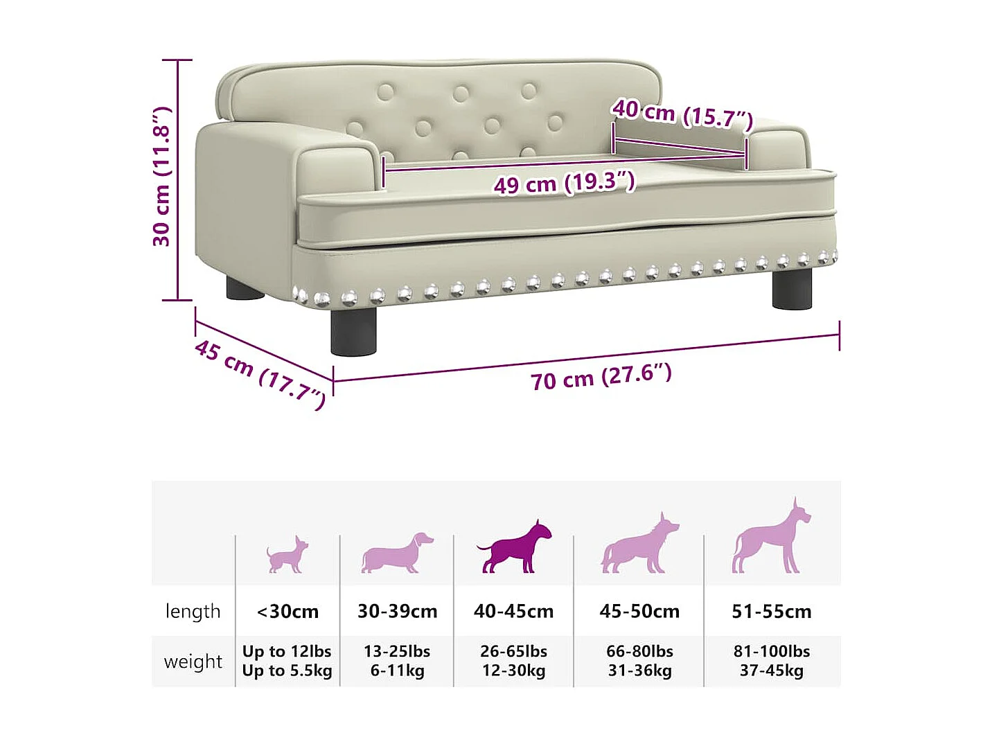 Cama para perro color crema 70x45x30 cm piel sintética