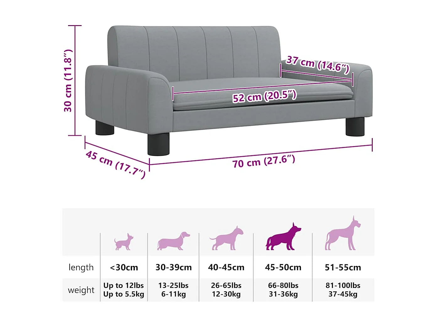 Lit pour chien gris clair 70x45x30 cm tissu