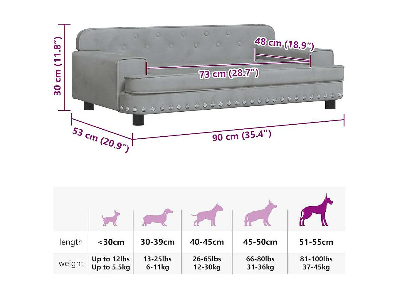 Cama para perros de terciopelo gris claro 90x53x30 cm