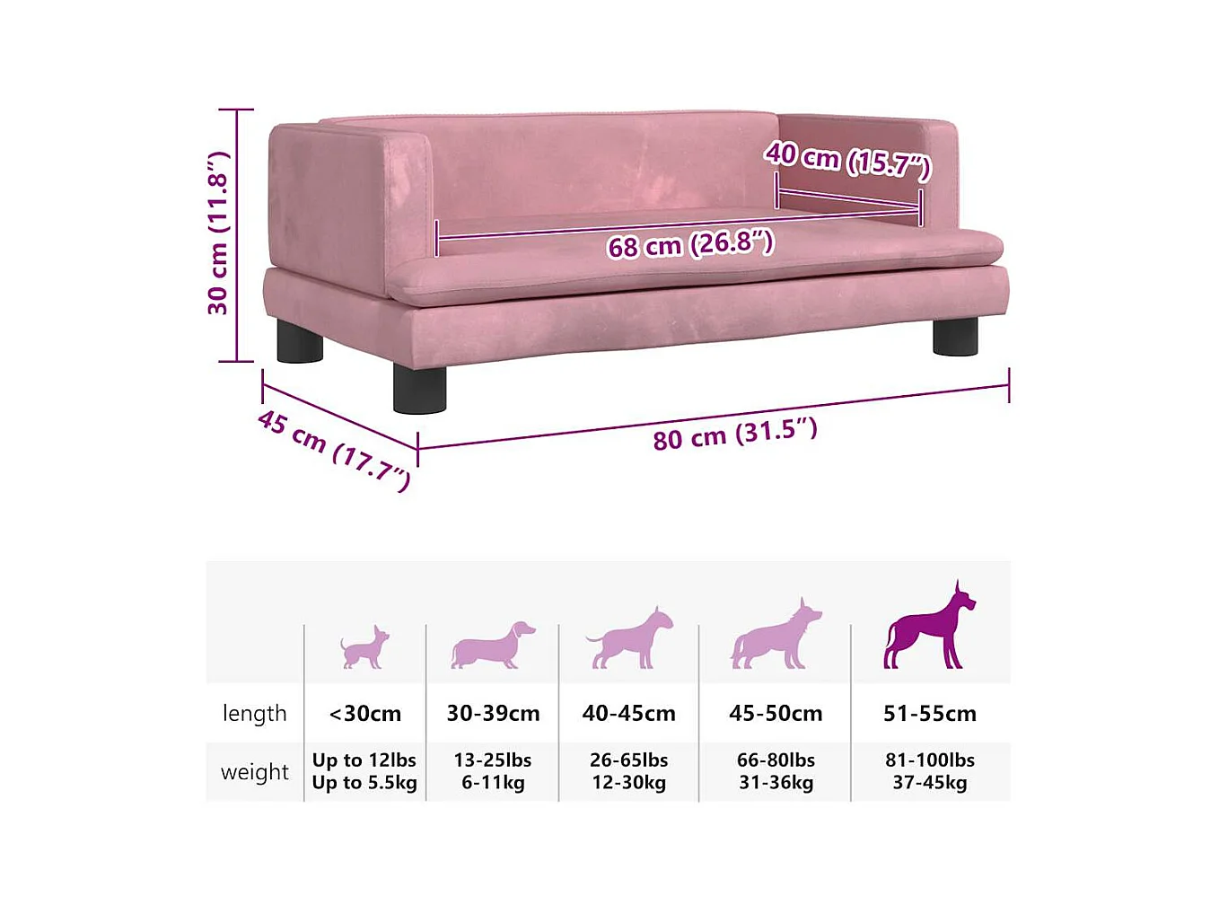 Cuccia rosa per cani 80x45x30 cm in velluto