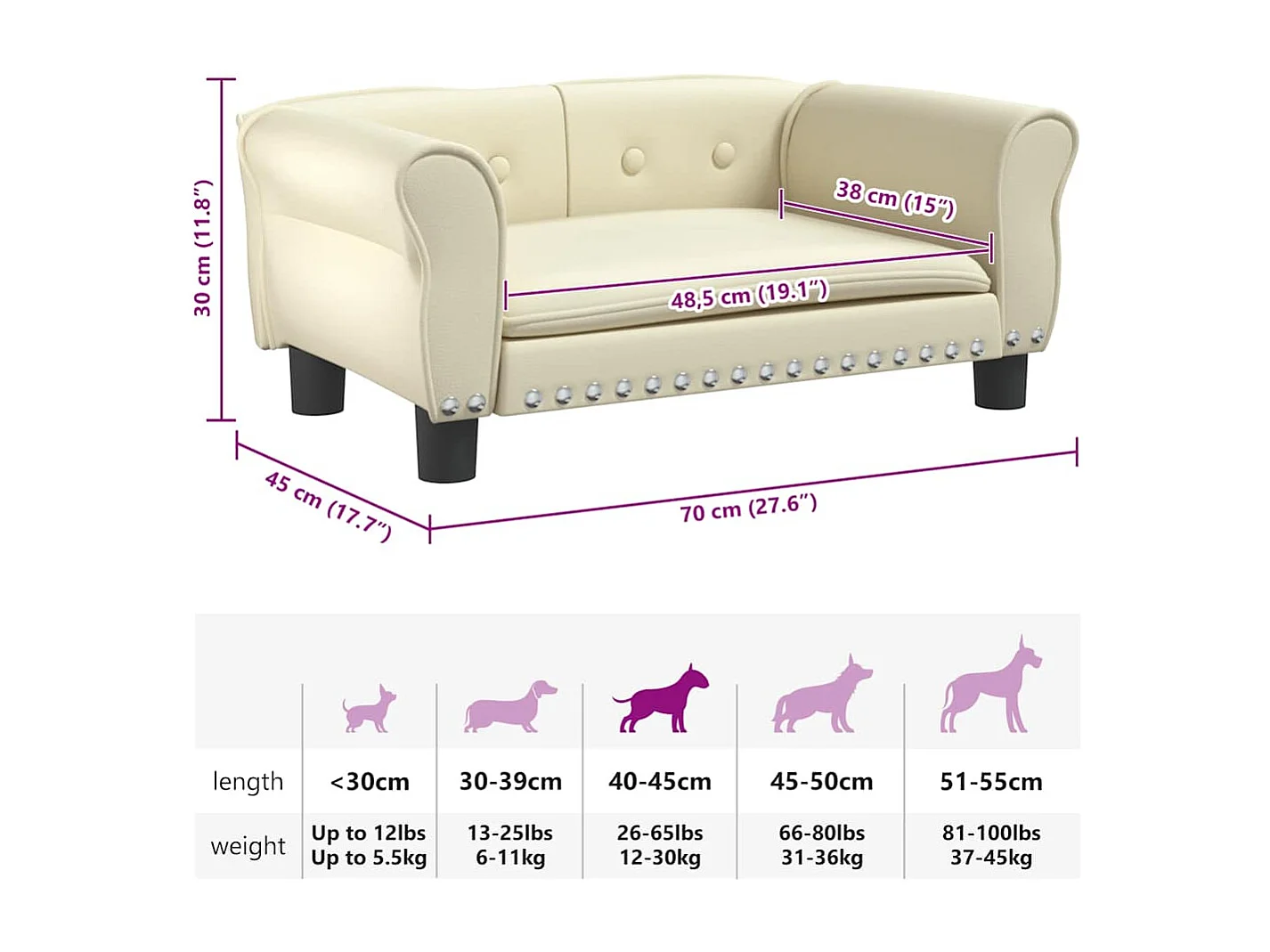 Cama para perro color crema 70x45x30 cm piel sintética