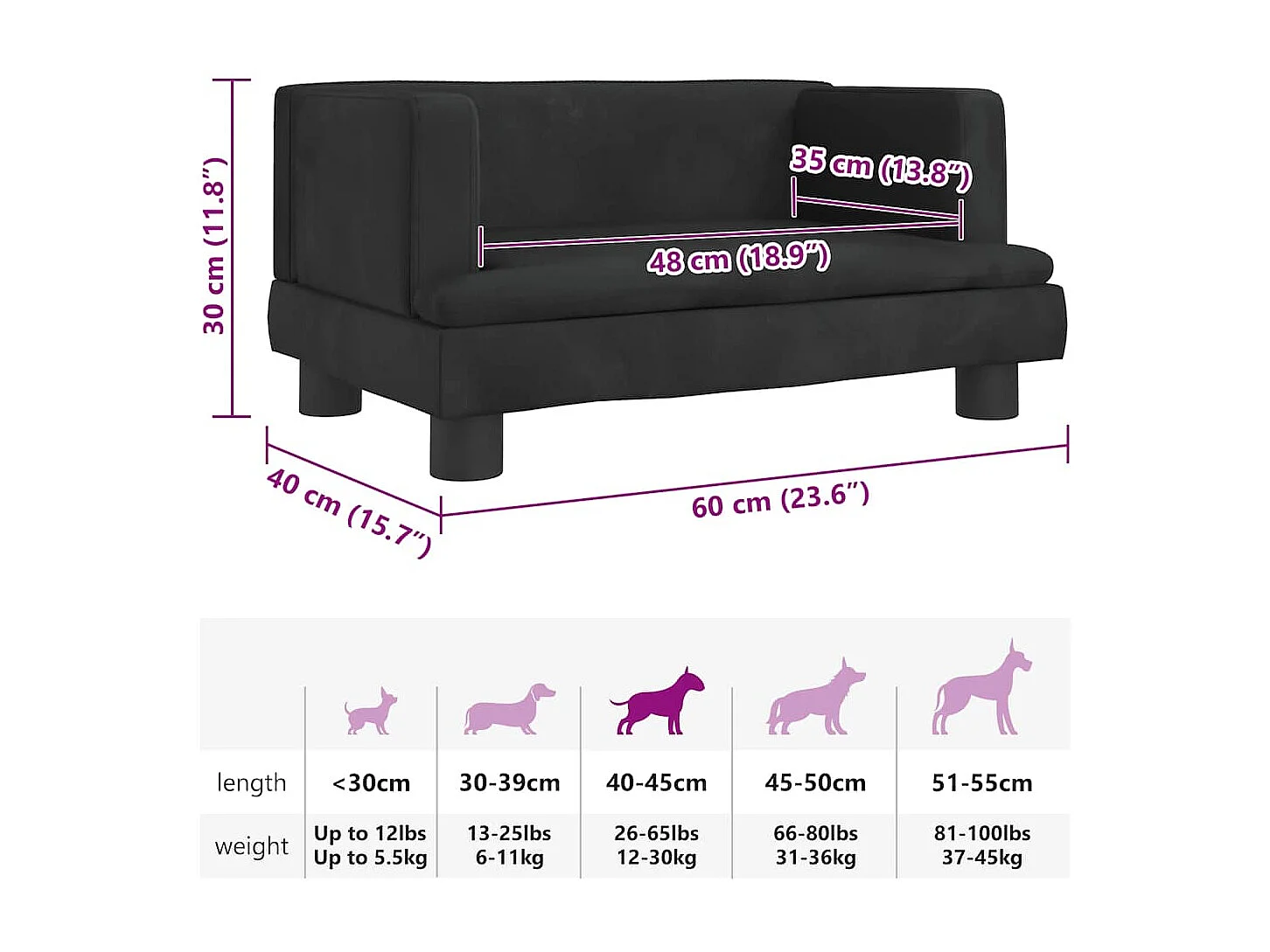 Lit pour chien noir 60x40x30 cm velours