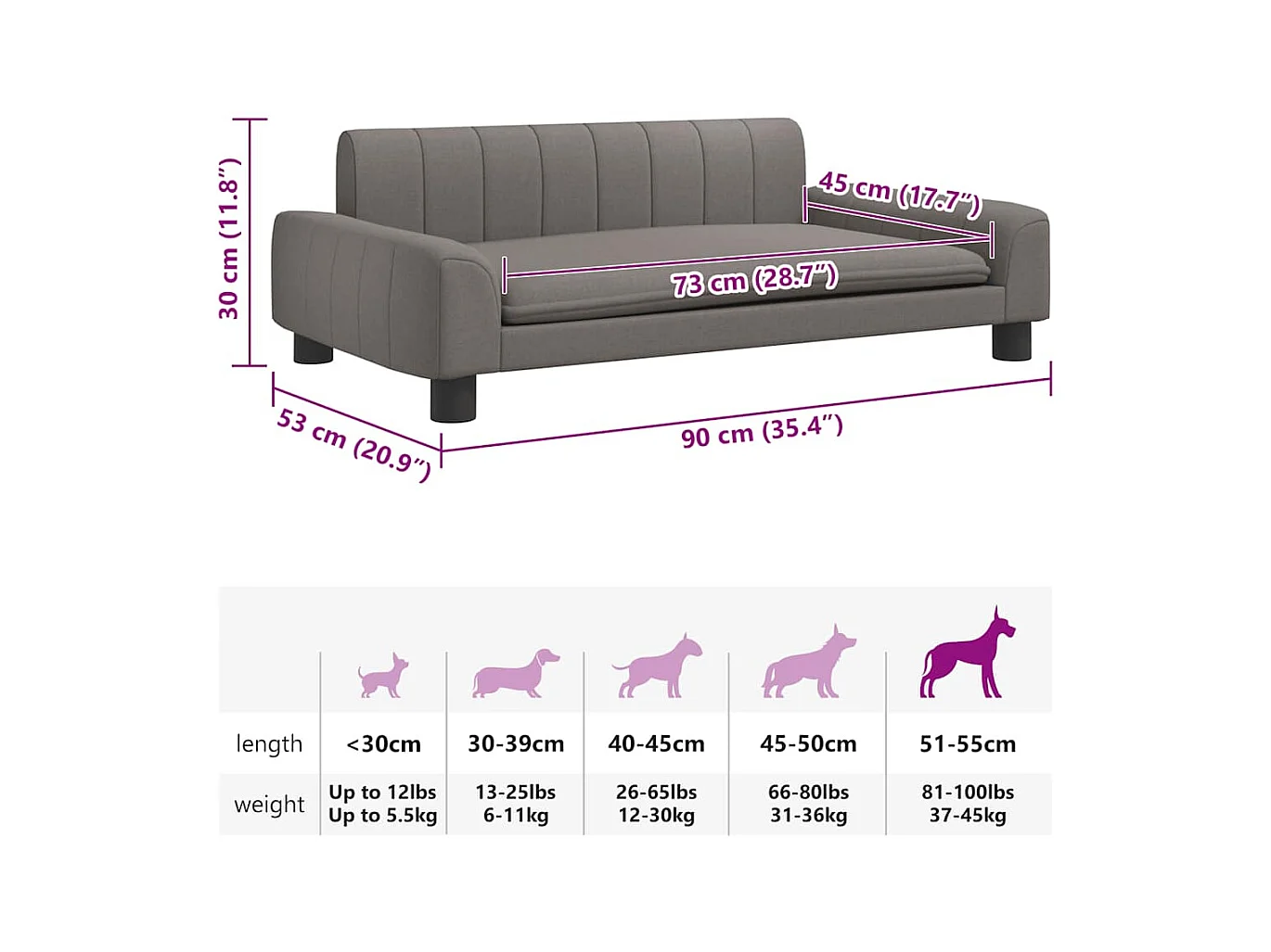 Letto per cani color tortora in tessuto 90x53x30 cm