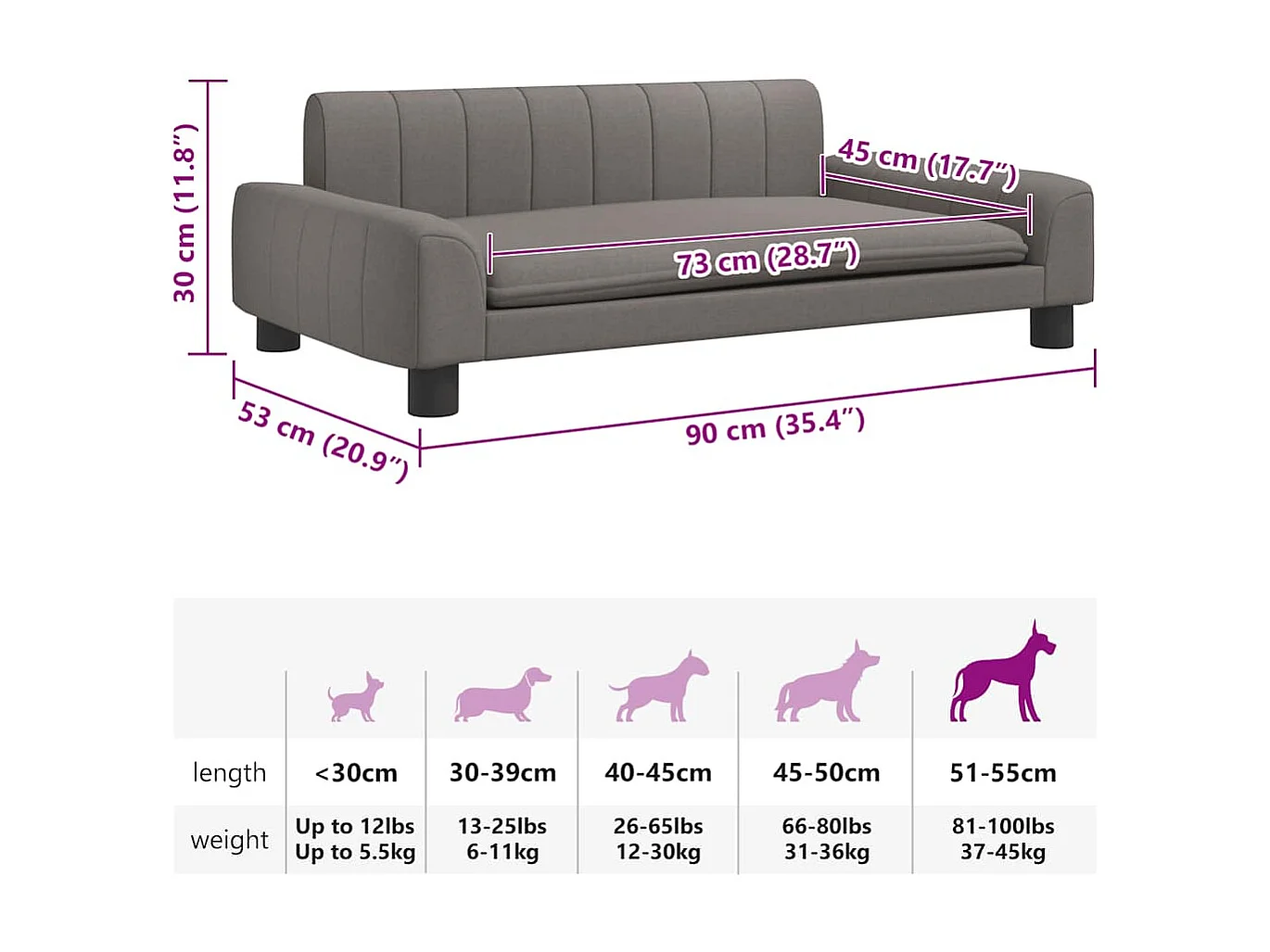 Letto per cani color tortora in tessuto 90x53x30 cm