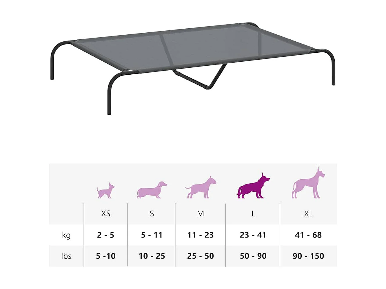 Lit surélevé pour chien gris 130x80x20 cm textilène et acier