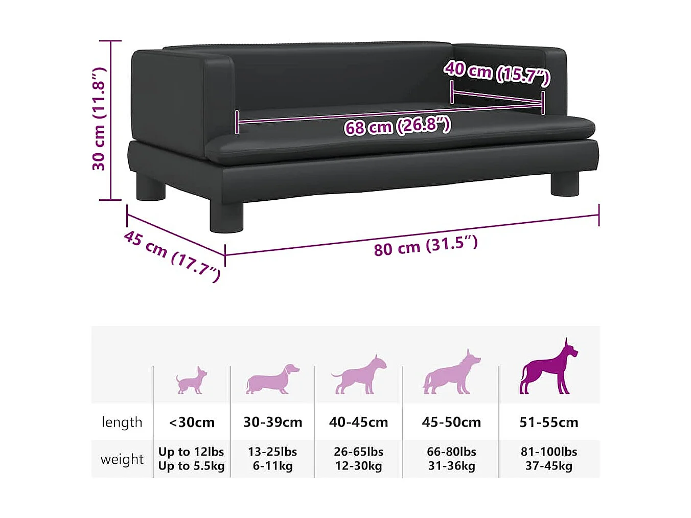 Cuccia per cani nera 80x45x30 cm in similpelle