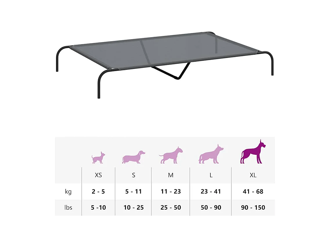 Lit surélevé pour chien gris 150x90x20 cm textilène et acier