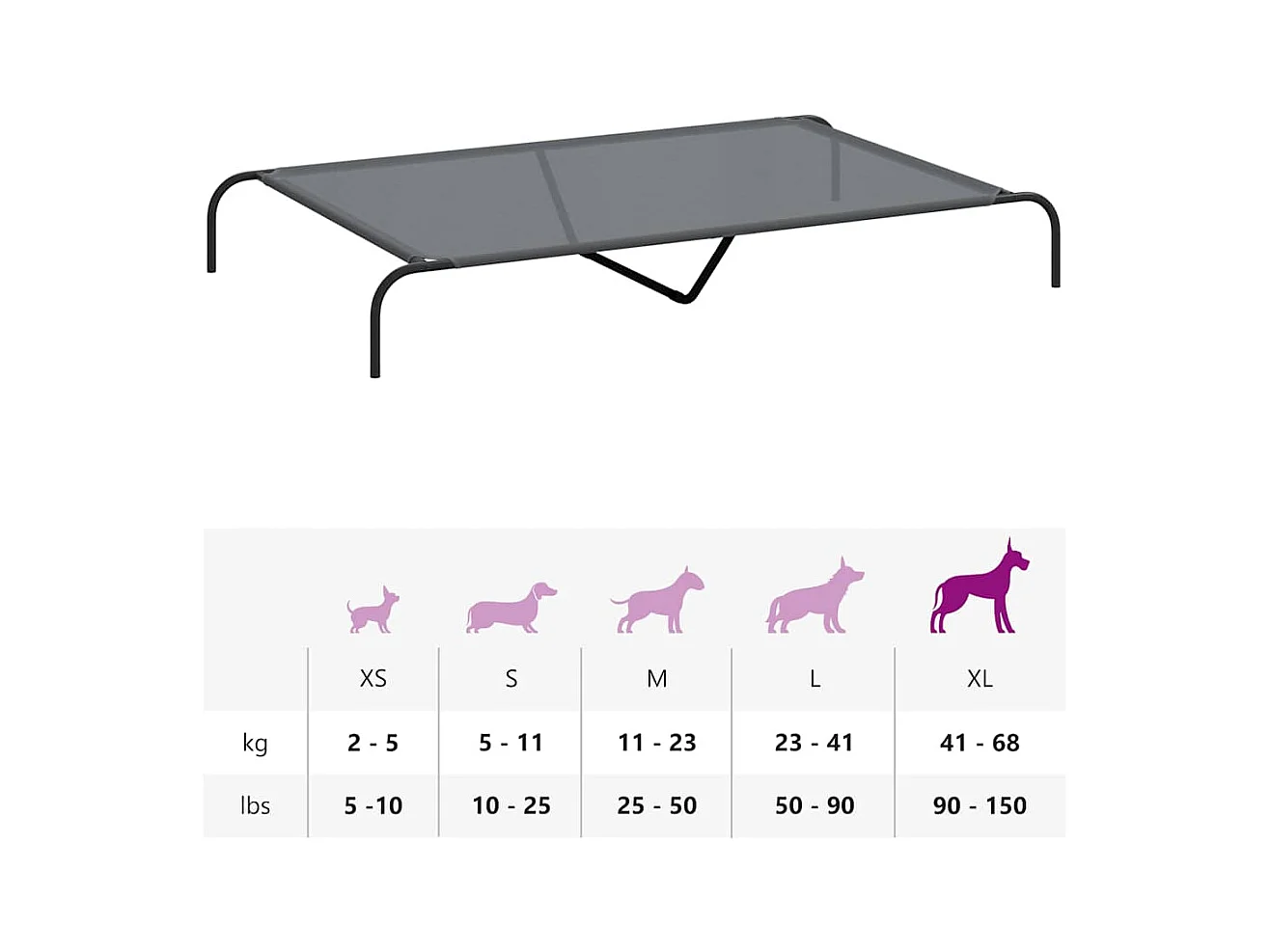 Lit surélevé pour chien gris 150x90x20 cm textilène et acier