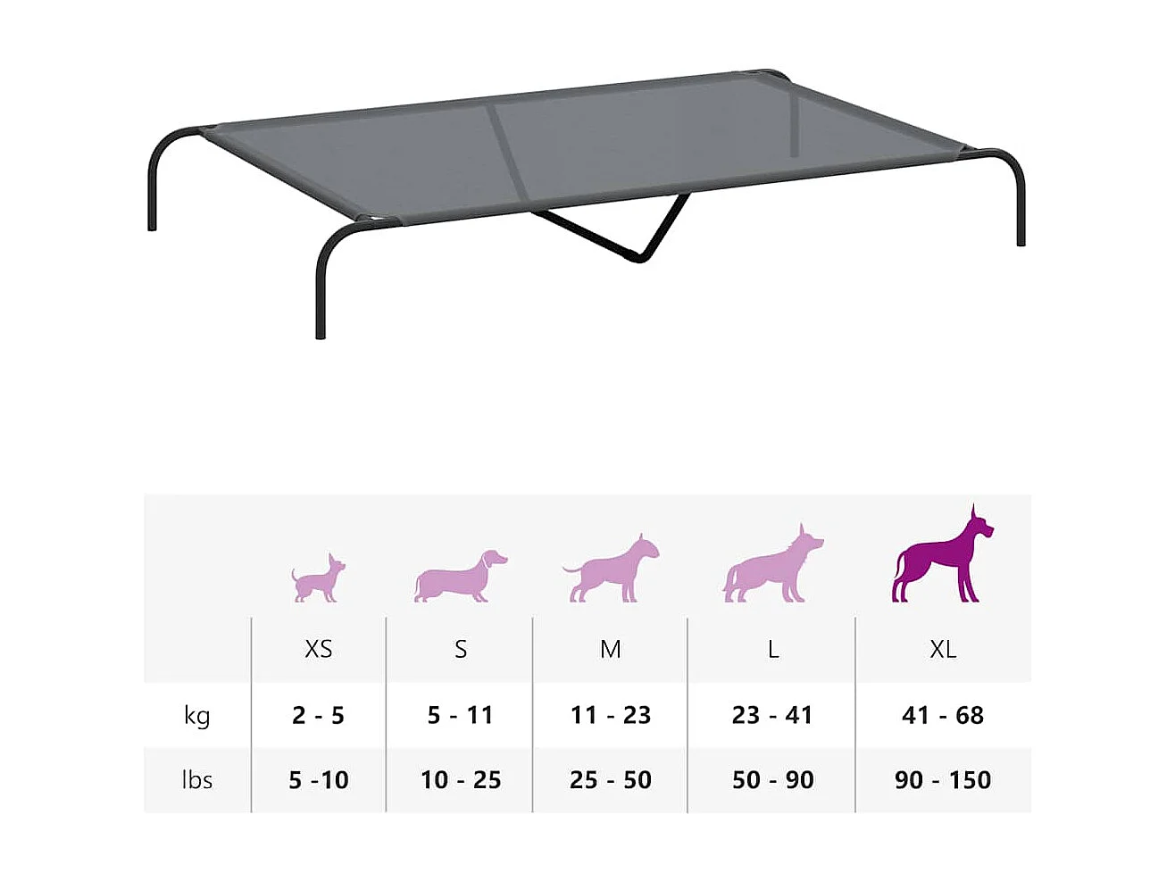 Cama elevada para perros gris 150x90x20 cm textilene y acero