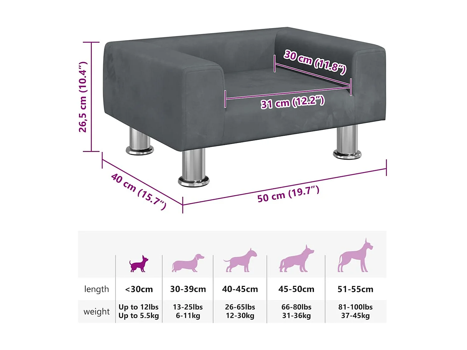 Lit pour chien gris foncé 50x40x26,5 cm velours