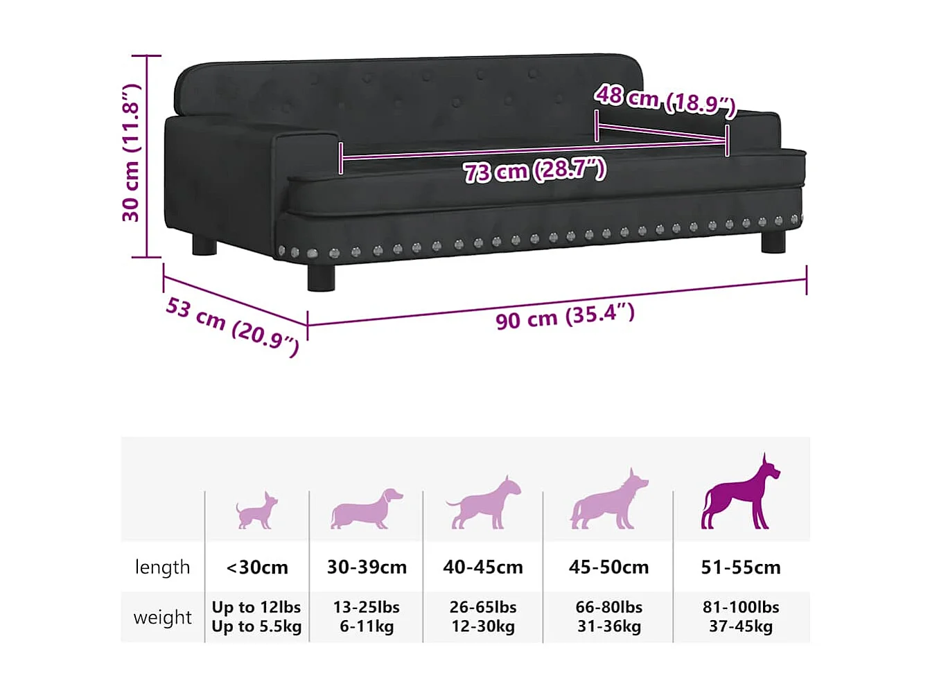 Cuccia per cani nera 90x53x30 cm in velluto