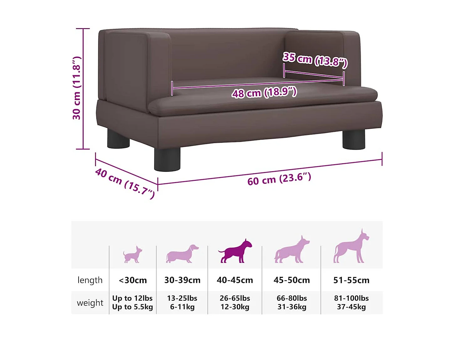 Cuccia per cani marrone 60x40x30 cm in similpelle