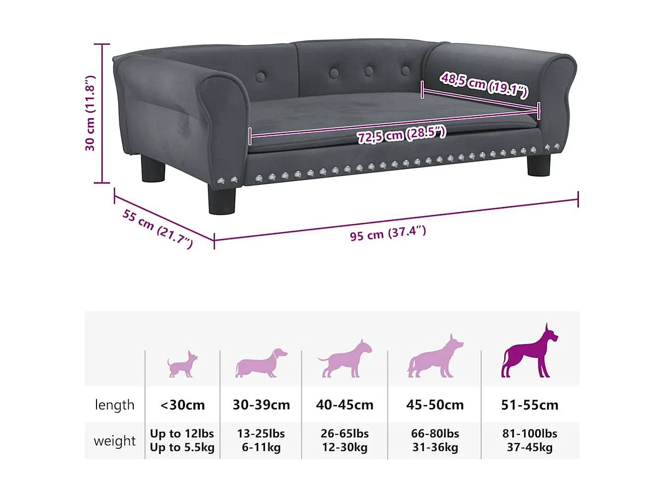 Lit pour chien gris foncé 95x55x30 cm velours