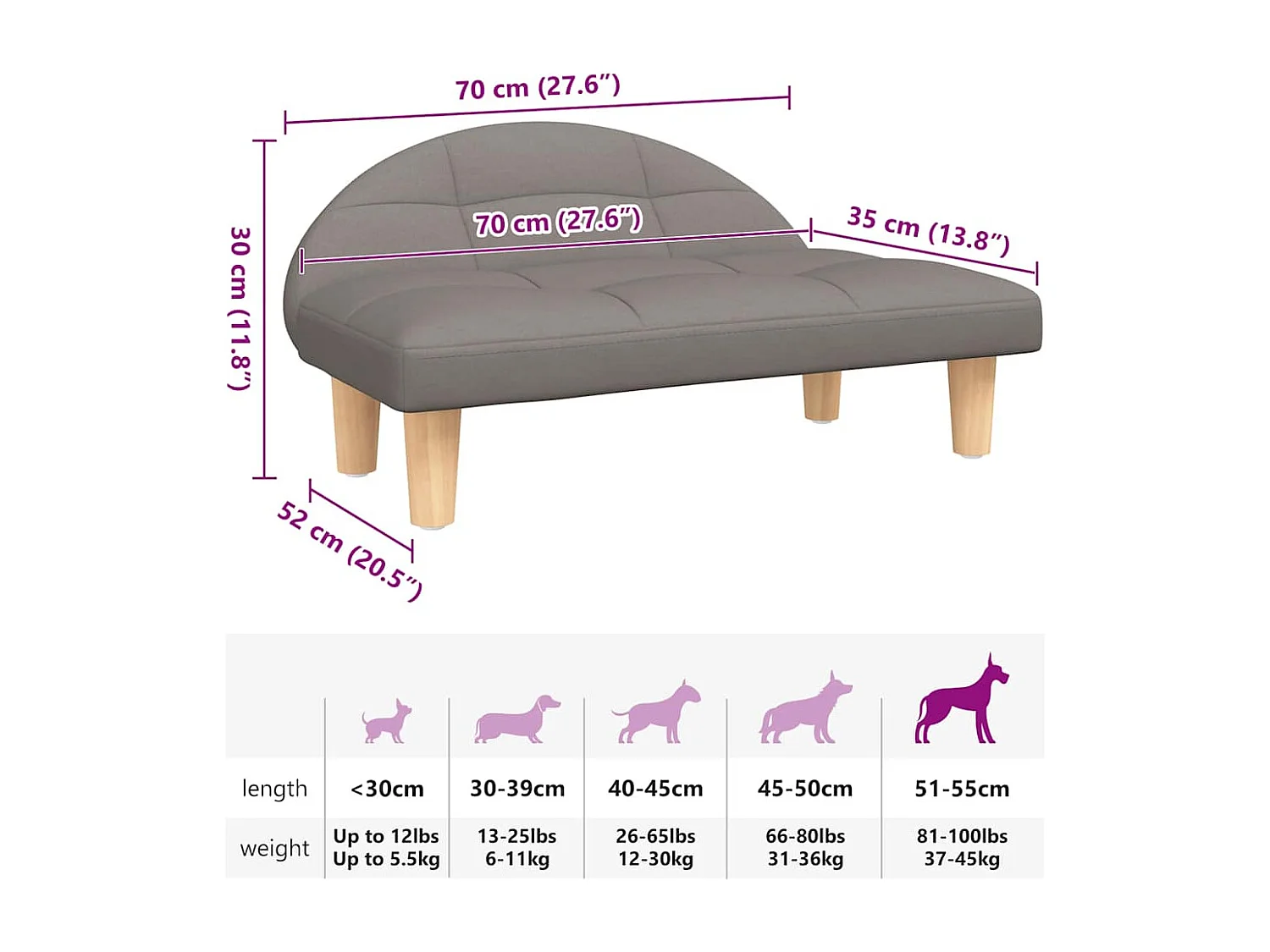 Cuccia per cani color tortora in tessuto 70x52x30 cm
