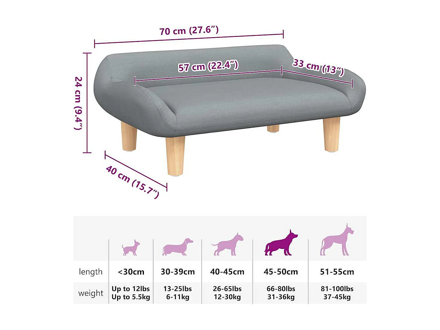 Lit pour chien gris clair 70x40x24 cm tissu