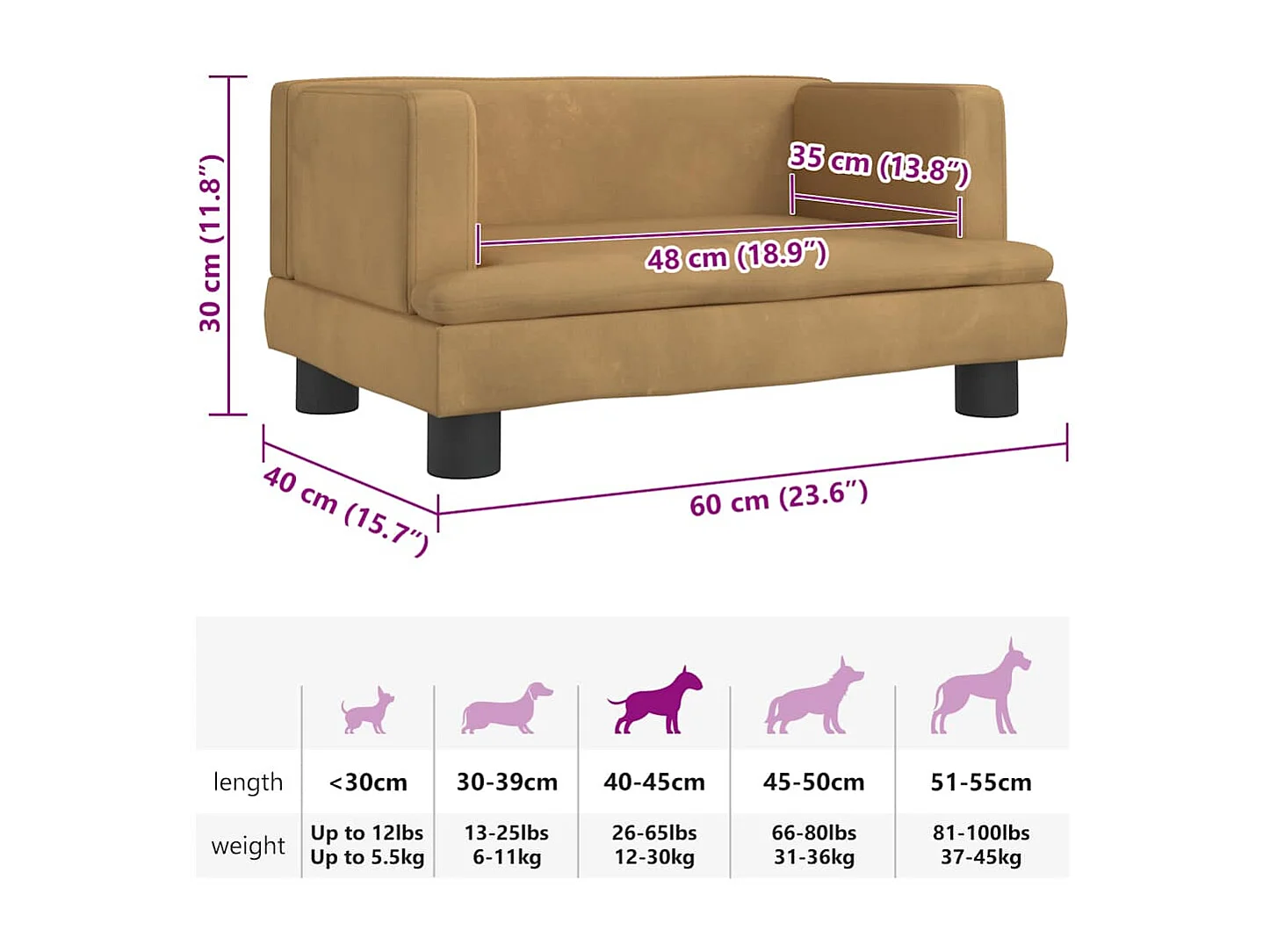 Cama para perro marrón 60x40x30 cm terciopelo