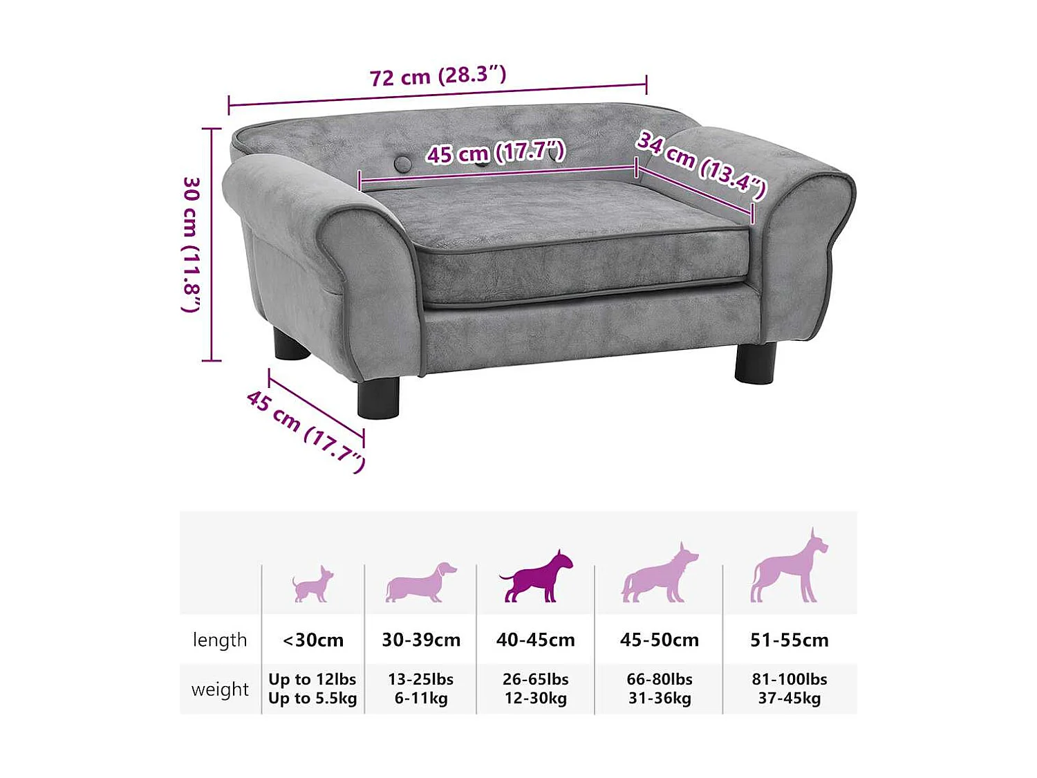 Sofá para perro gris de peluche de 72 x 45 x 30 cm