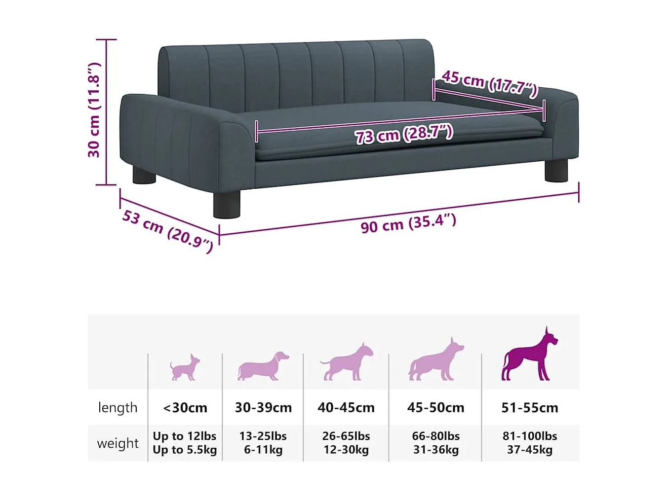 Lit pour chien gris foncé 90x53x30 cm tissu