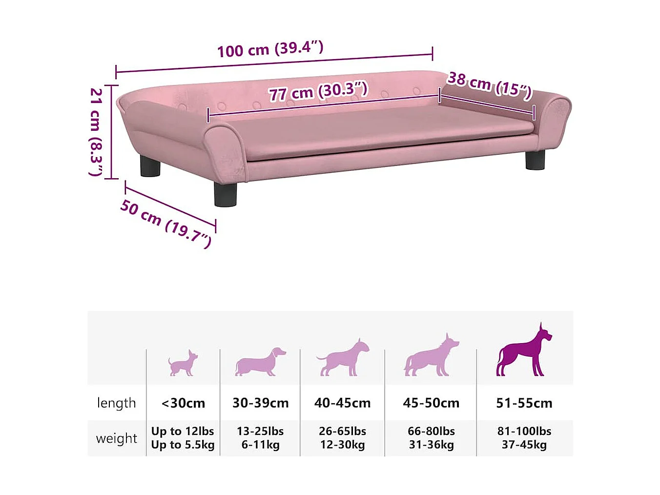 Cama para perro rosa 100x50x21 cm terciopelo