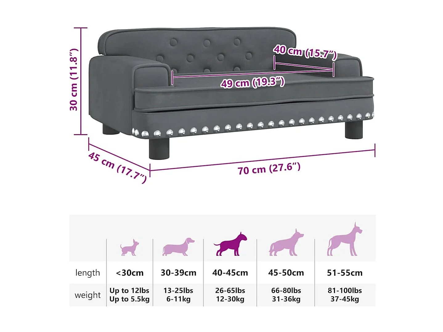 Lit pour chien gris foncé 70x45x30 cm velours