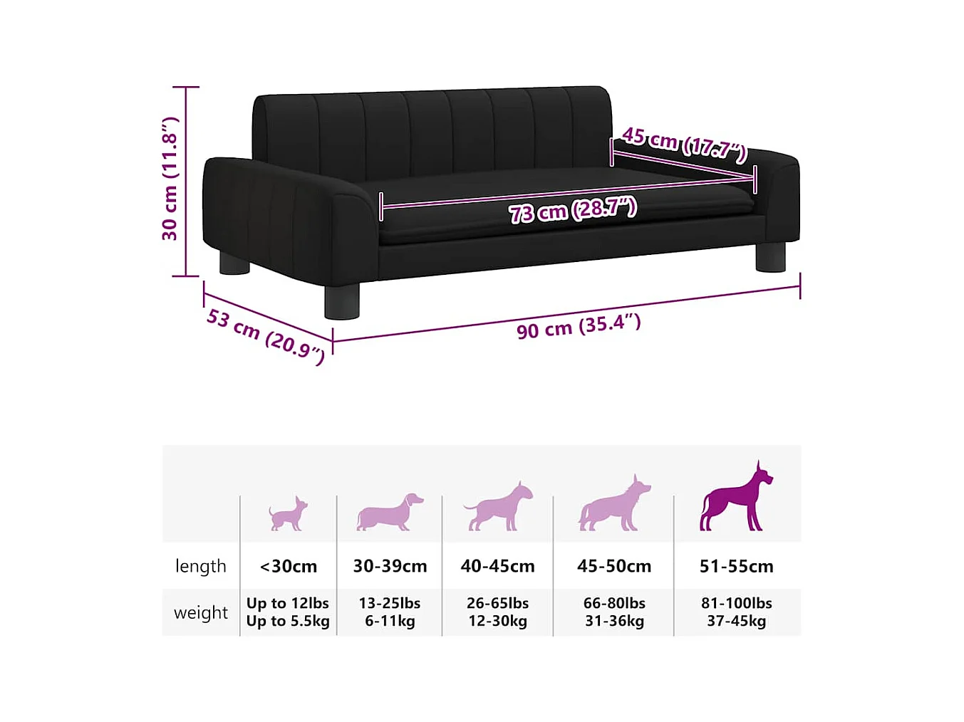 Cama para perro negra 90x53x30 cm piel sintética