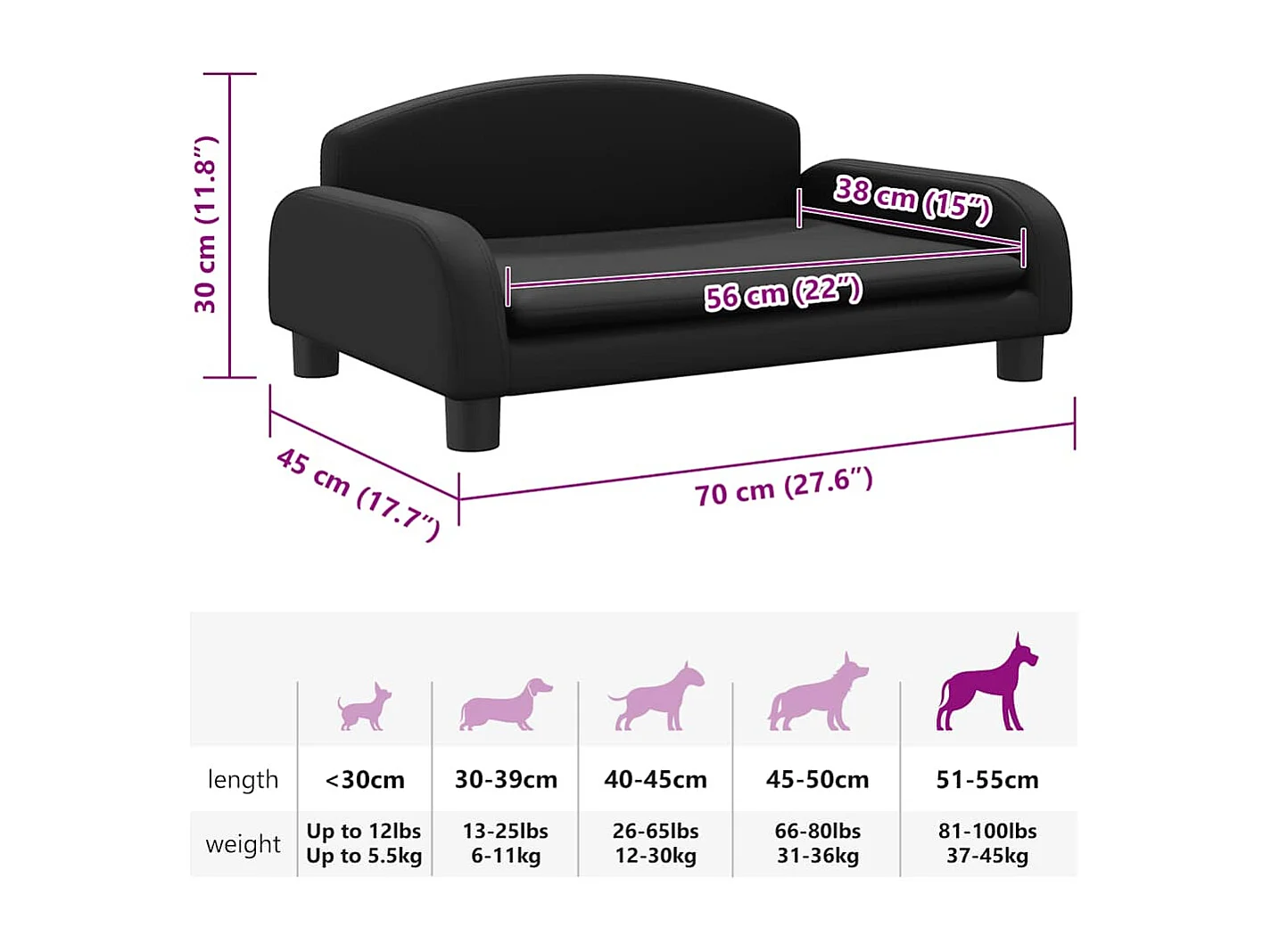 Lit pour chien noir 70x45x30 cm similicuir