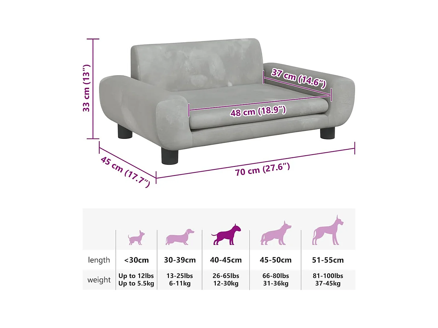 Lit pour chien gris clair 70x45x33 cm velours