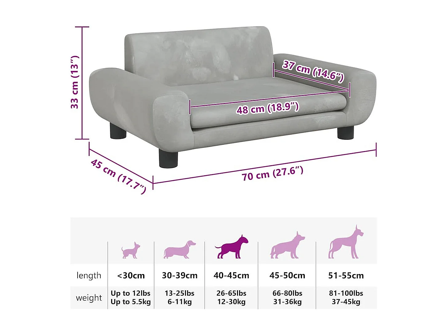 Lit pour chien gris clair 70x45x33 cm velours