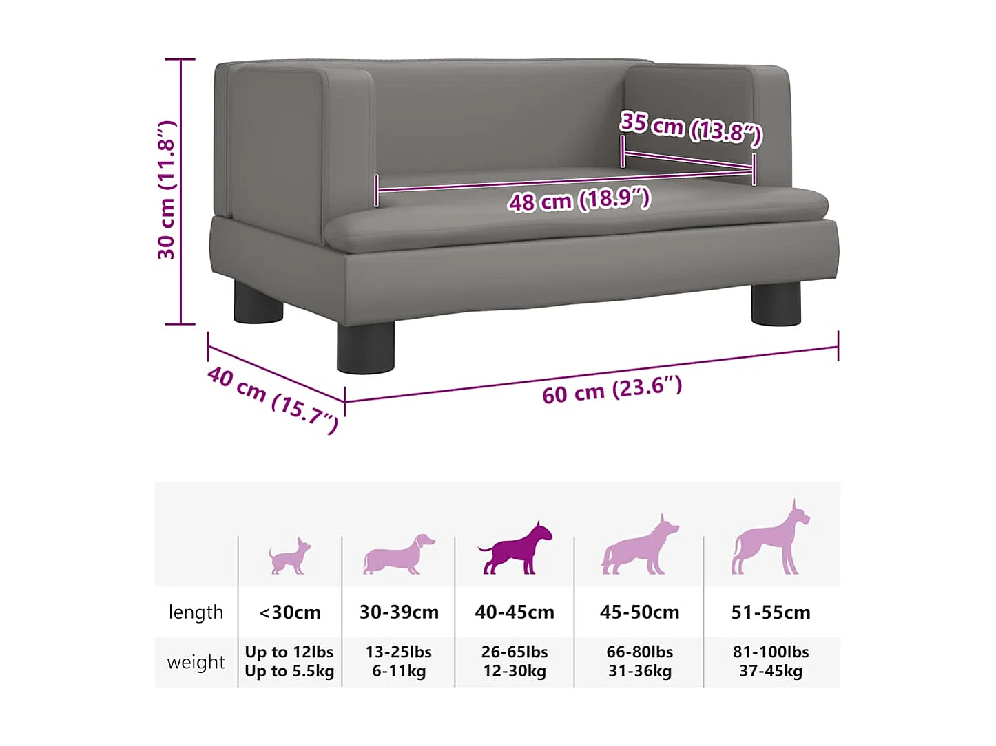 Lit pour chien gris 60x40x30 cm similicuir