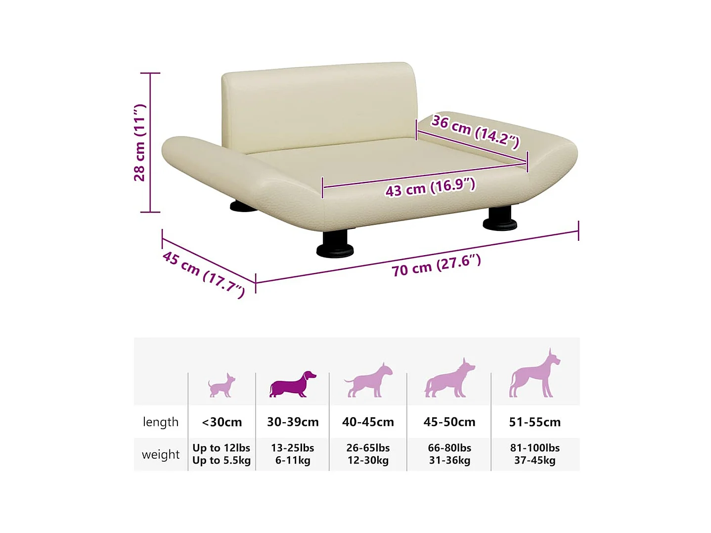 Lit pour chien crème 70x45x28 cm similicuir