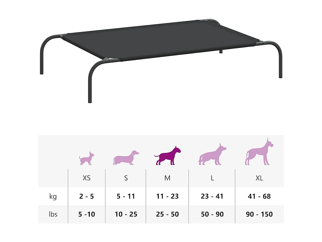 Cama elevada para perros negra 110x65x20 cm Tejido Oxford y acero