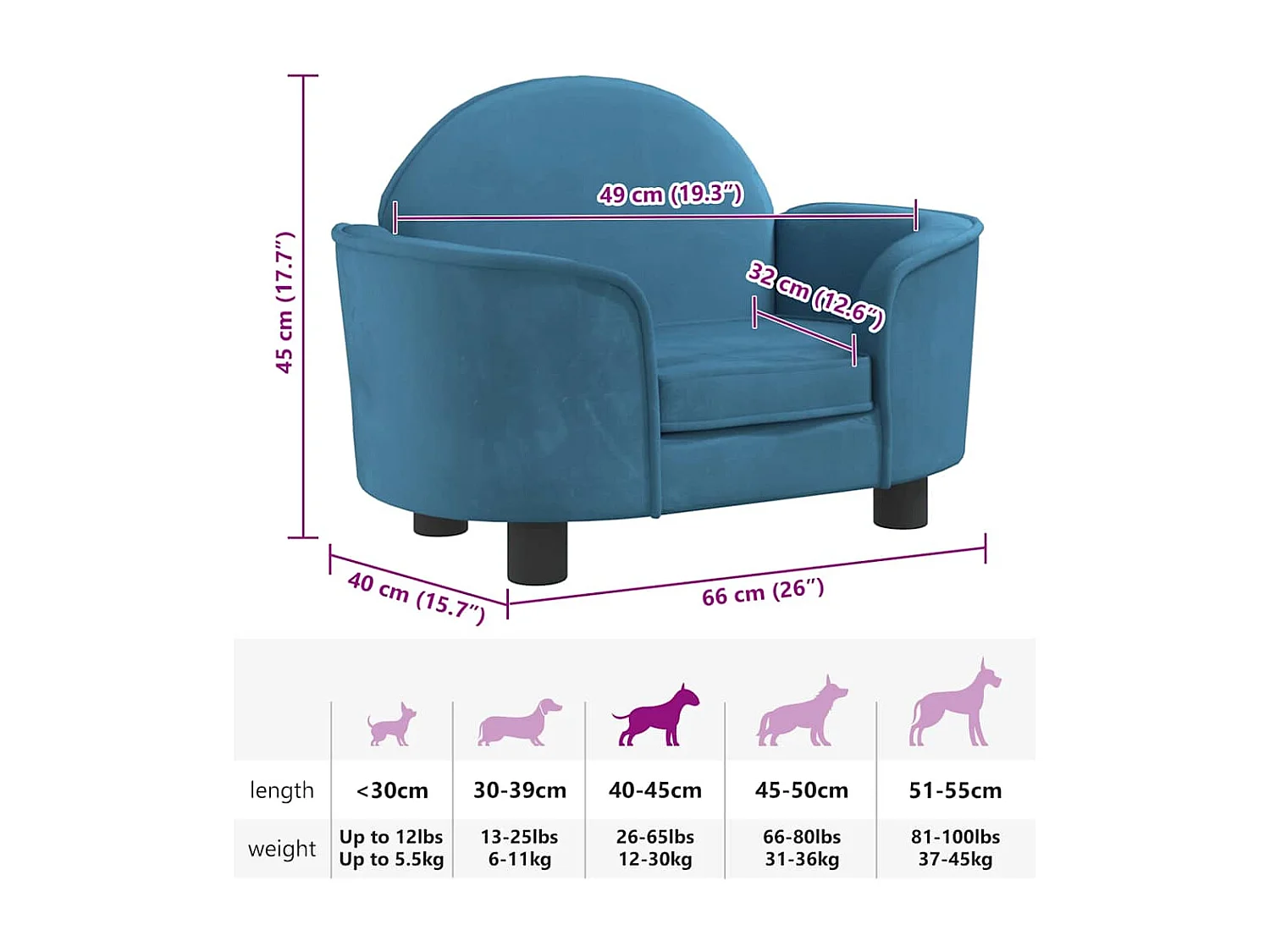 Cama para perro azul 66x40x45 cm terciopelo