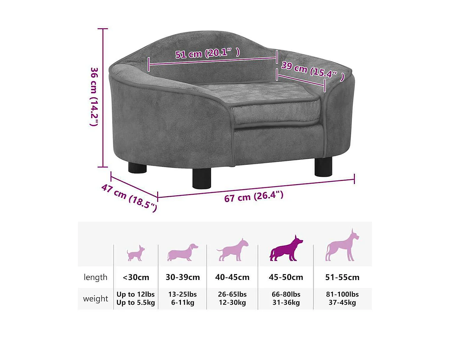 Canapé pour chien Gris 67x47x36 cm Peluche