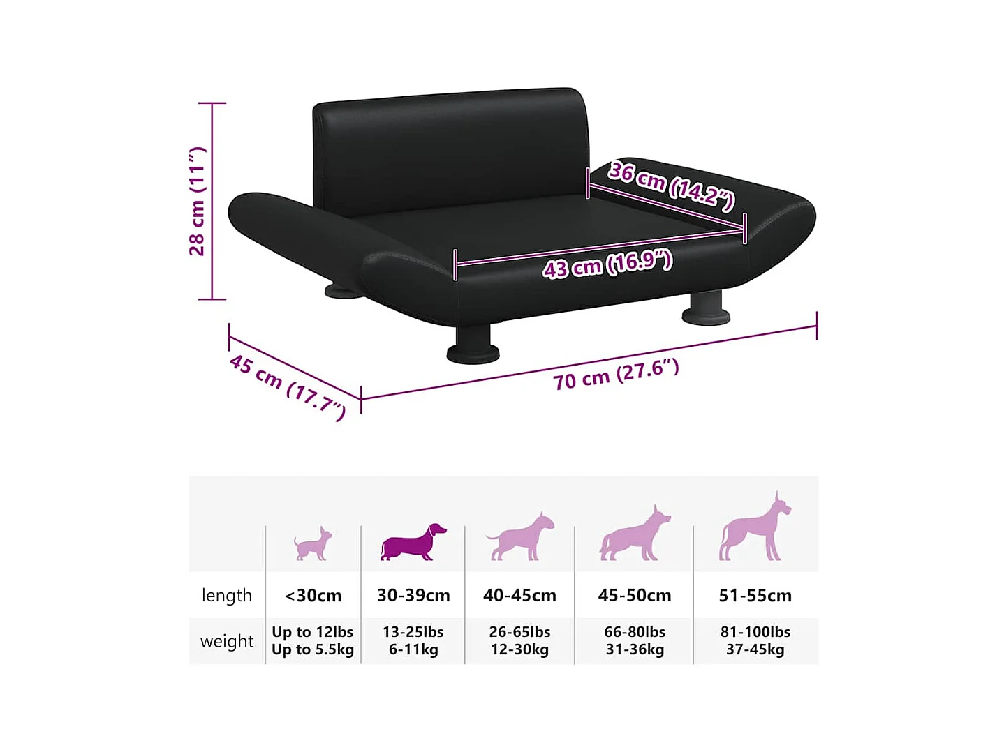 Lit pour chien noir 70x45x28 cm similicuir